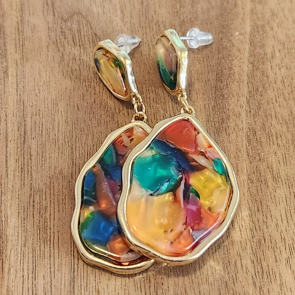 Multicolor Resin Mosaic Gold Tone Organic Shape Drop Dangle Earrings Statement